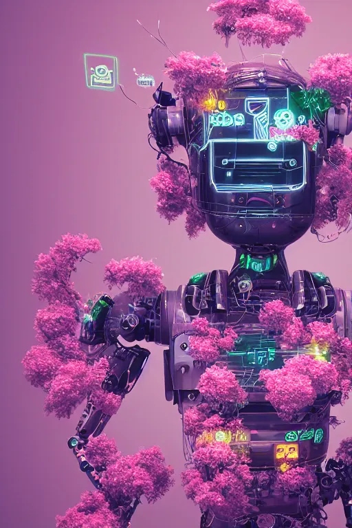 Image similar to a robot with flowers on his head, cyberpunk art by Mike Winkelmann, by Filip Honda, trending on cgsociety, panfuturism, made of flowers, glitch art, rendered in cinema4d