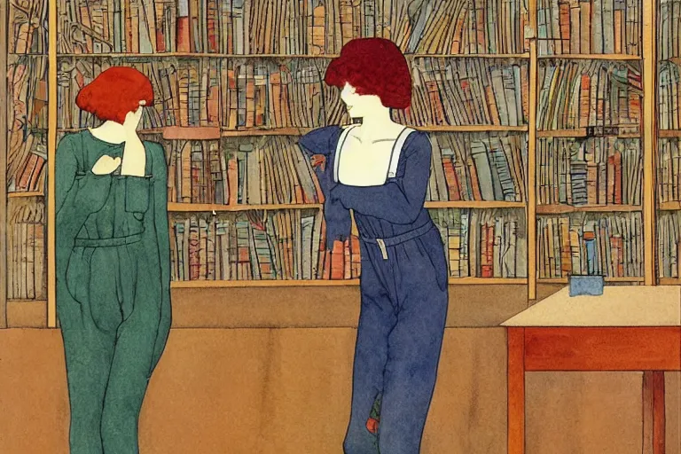 Image similar to woman wearing overalls in a bookstore warm colors simple geometric watercolor painting moebius george barbier