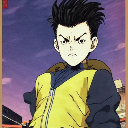 Image similar to young boy angry with pompadour hair, art by katsuhiro otomo, tetsuo hara, yusuke murata, jotaro kujo, japanese delinquent, similar to metal bat from one punch man, kuwabara hairstyle, akira kongou, banchou, action pose, manga cover