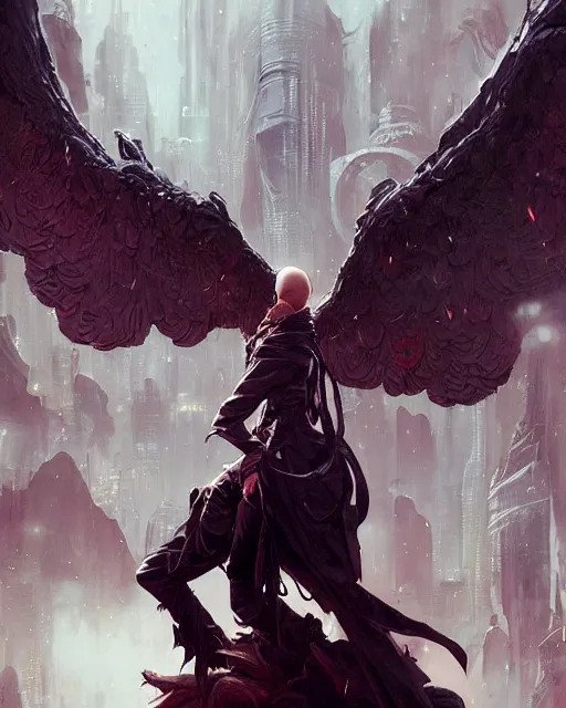 Prompt: beautiful fantasy character portrait, vulture, wearing oversized black trench coat, ultra realistic, wide angle, dramatic lighting, vultures, cyberpunk artifacts, highly detailed by peter mohrbacher, hajime sorayama, wayne barlowe, boris vallejo, aaron horkey, gaston bussiere, craig mullins