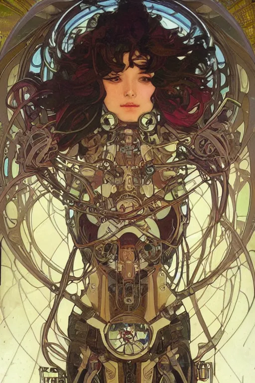 Image similar to realistic detailed portrait of a mecha cyberpunk! goddess by Alphonse Mucha, Charlie Bowater, Art Nouveau cyberpunk! style, mechanical accents!, mecha plate armor, glowing LEDs, flowing wires with leaves, rich deep moody colors