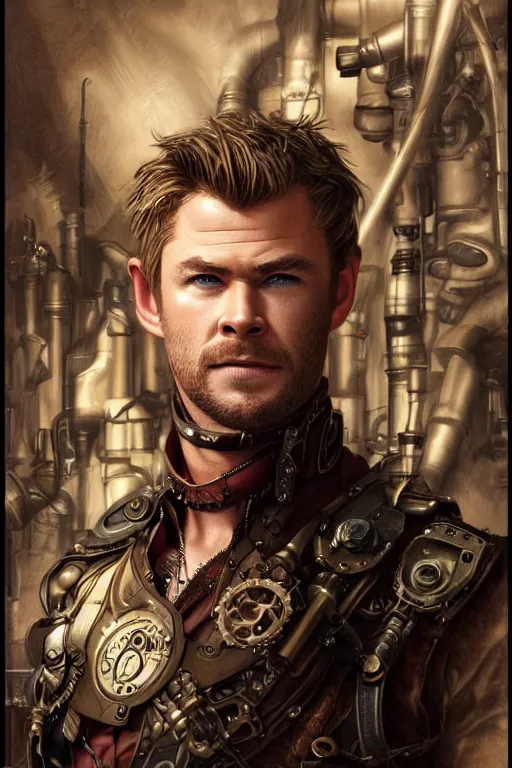 Image similar to chris hemsworth as a steampunk cyborg, portrait, western, steampunk, duster, fantasy, intricate, elegant, highly detailed, digital painting, artstation, concept art, sharp focus, illustration, art by artgerm and greg rutkowski and alphonse mucha