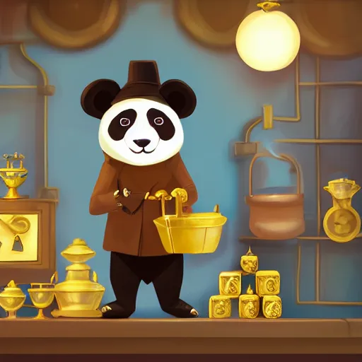 Prompt: Anthropomorphized panda trader in his shop, selling his wares, portrait, items, gold, magic potions, carpet, window, fancy hat, sly expression , cunning expression, cute expression, long thick shiny gold beak, presenting wares, holding a gold bag, D&D, fantasy, cinematic lighting, highly detailed, digital painting, artstation, concept art, smooth, sharp focus, illustration, warm light, cozy warm tint, magic the gathering artwork, volumetric lighting, 8k, art by Akihiko Yoshida, Greg Rutkowski