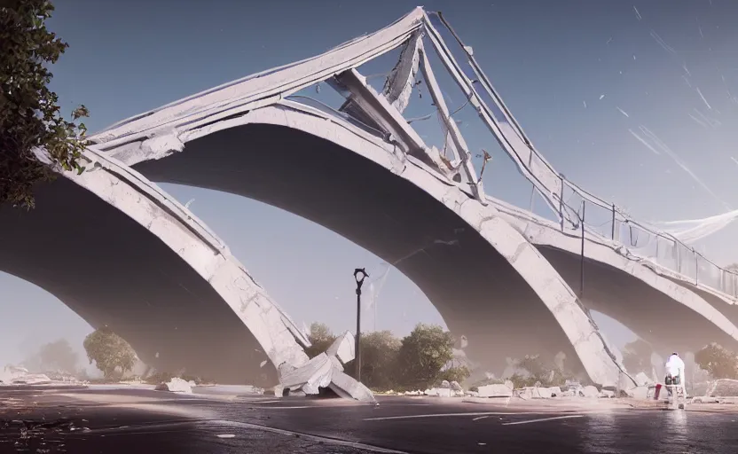 Image similar to a big beautiful bridge collapses after explosions in the form of white cotton plants, 3 d octane render, epic lighting, 8 k, by goro fujita