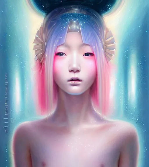 Prompt: close-up of a Japanese teen beautiful celestial Goddess wearing a futuristic lush spacesuit exposed in cryo chambers by James Jean, captivating, seductive facial look, intricate, majestic, chic, elegant, highly detailed, centered, digital painting, high-end pink light, artstation, concept art, smooth, sharp focus, illustration, by Peter Mohrbacher, WLOP