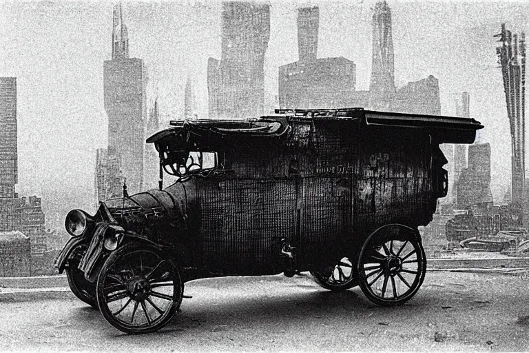 Image similar to cyberpunk new 1 9 0 8 model ford t by paul lehr, metropolis, view over city, vintage film photo, scratched photo, scanned in, old photobook, silent movie, black and white photo