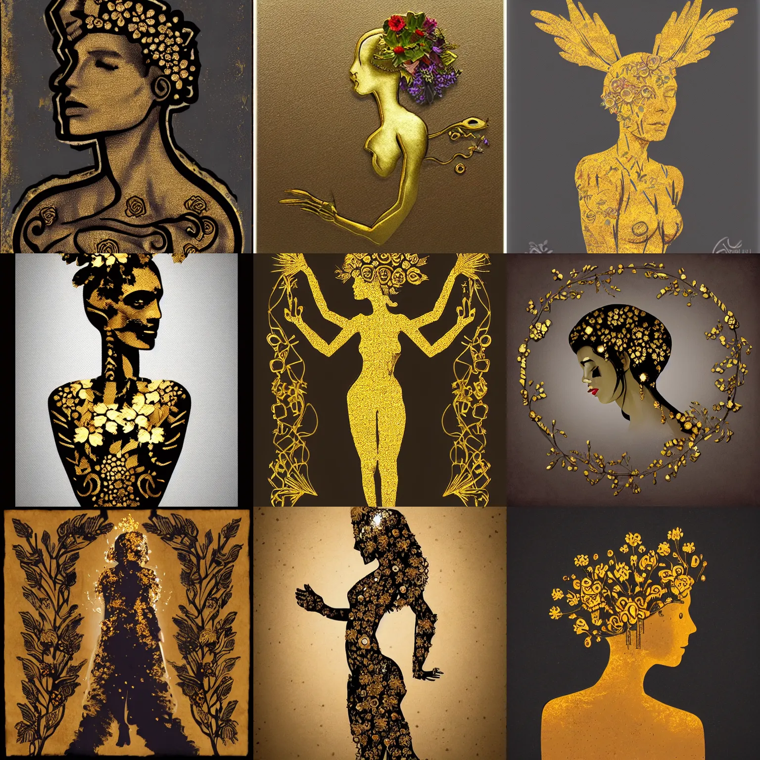 Prompt: upper body silhouette of a woman made out of metal and gold with flowers on her head. artwork.in the style of arcane.