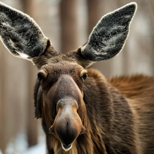 Prompt: extreme close - up photo of a smiling moose