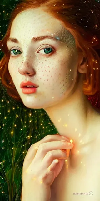 Prompt: a totally enchanted young woman surrounded by golden firefly lights in a mesmerizing scene, sitting amidst nature fully covered, intricate detailed dress, long loose red hair, precise linework, accurate green eyes, small nose with freckles, smooth oval head, expressive emotions, hyper realistic ultrafine portrait by artemisia gentileschi, jessica rossier, artgerm