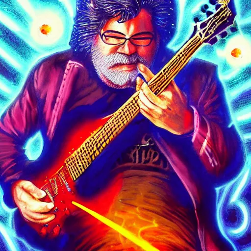 Image similar to a Jerry Garcia guitarist playing so intensely there is electricity shooting out from his guitar, energy beams under his finger tips, and magic sparkles from the freboard, amazing ditial art, trending on artstation, featured on deviantart