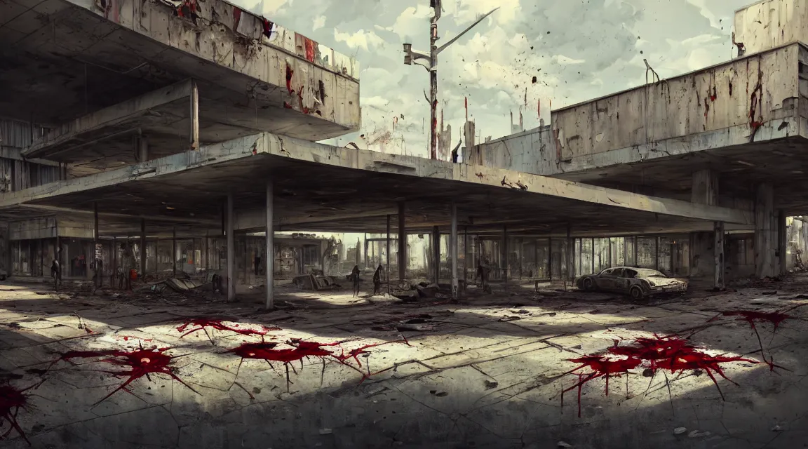 Prompt: post apocalyptic shopping center, building, avenue, extremely detailed, sharp focus, fine details, realistic shaded, depth of field, colorful, modern contemporary americana concrete architecture, by pascal blanche, greg rutkowski, shaddy safadi, neil blevins, trending on artstation, high quality, photorealistic, blood stains, crumbling, silhouettes