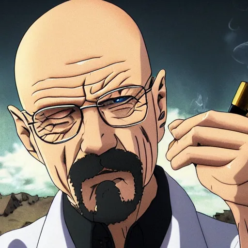 Prompt: walter white smoking a big joint in One Piece Anime Series, 4k Resolution.