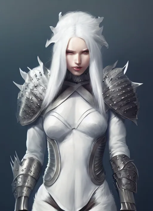 Image similar to fur - lined armor!!! beautiful and elegant white haired female!! gorgeous ayes!! character concept art, sharp focus, octane render! unreal engine 5! highly rendered!! trending on artstation!! detailed linework!! illustration by artgerm, wlop and anna dittmann