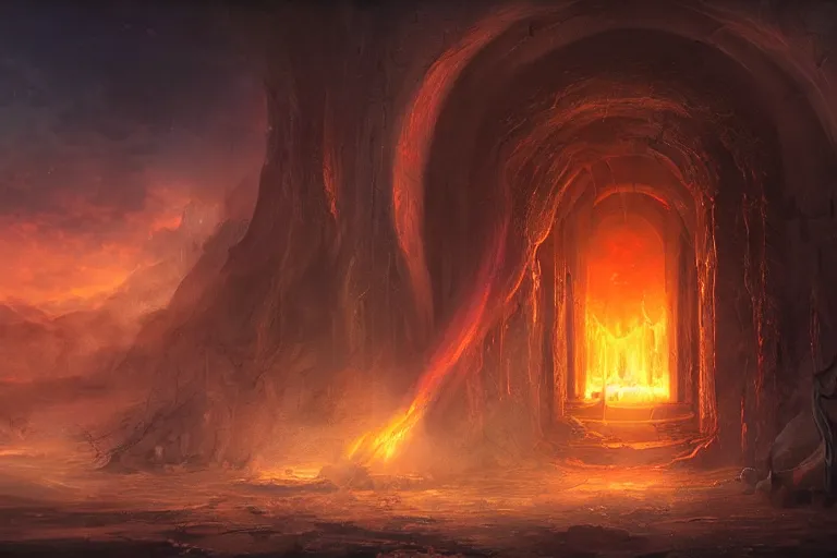 Image similar to A Portal to the Lost Flame Realm, fantasy, digital art, professional illustration, realistic, ultra detailed, atmospheric, cinematic lighting, arcane, mystical, legendary, matte painting