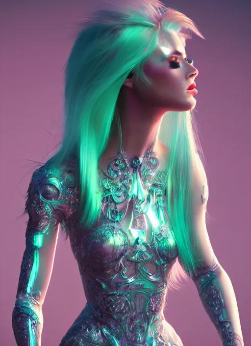 Image similar to beauteous practical sumptuous biomechanical with incredible iridescent pearlescent voluminous neon hair, crystalline masterpiece incrustations, hyperdetailed face, elegant pose, movie still, intricate, octane render, cinematic forest lighting, unreal engine, crepuscular rays, god rays