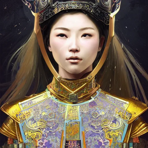 Image similar to beautiful and divine and holy and elite and colorlpunk young three kingdom chinese female armor knight portrait +shinnyy eyes+front face with light flowing hair, ultradetail face, art and illustration by tian zi and craig mullins and WLOP and alphonse mucha, fantasy, intricate complexity, human structure, human anatomy, fantasy character concept, watermark, blurry, hyperrealism 8k