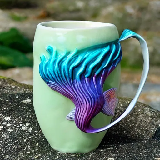 Image similar to a ceramic realistic mermaid sculpture mug, creative, beautiful, award winning design, functional, colorful