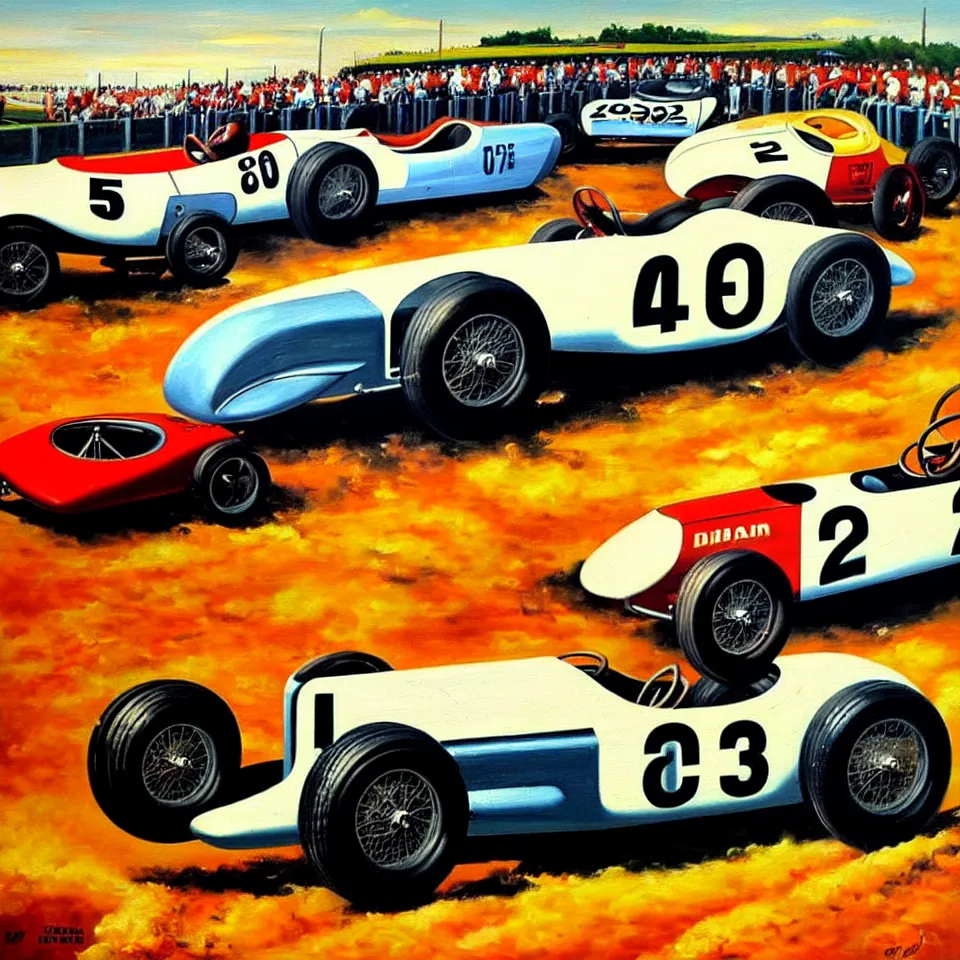 Image similar to a oil painting of a vintage car racing poster