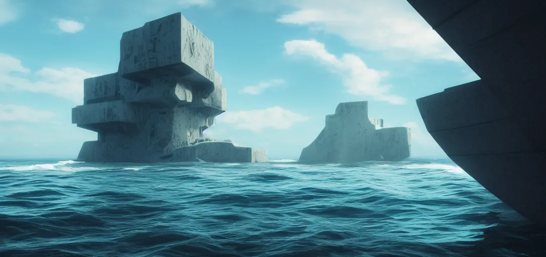 Prompt: view of sea, far away giant brutalist monolithic sea structure in the horizon, empty, clear skies, waves, reflections, refractions, caustics, dappled light, cinematic lighting, ultra detailed, sharp, ambient occlusion, raytracing, 3 d artstation render by greg rutowski, finnian macmanus and jessica rossier