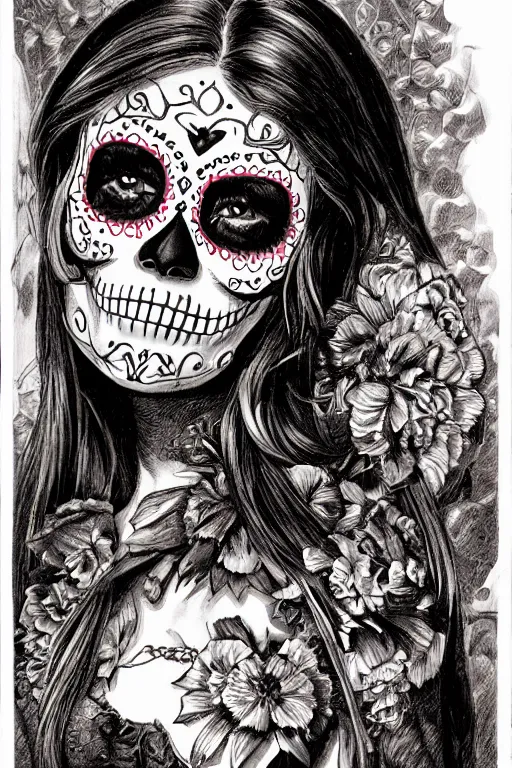 Image similar to Illustration of a sugar skull day of the dead girl, art by bernie wrightson