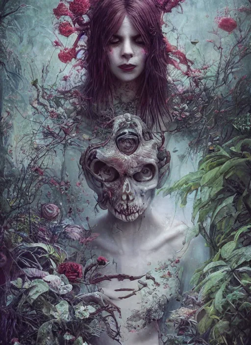 Prompt: Alice fails to get to the special garden,highly detailed,half skull face,cinematic,8k,by Stanley Artgermm,Tom Bagshaw,Greg Rutkowski,Carne Griffiths, Ayami Kojima, Beksinski, Giger,trending on DeviantArt,hyper detailed,horror, full of colour