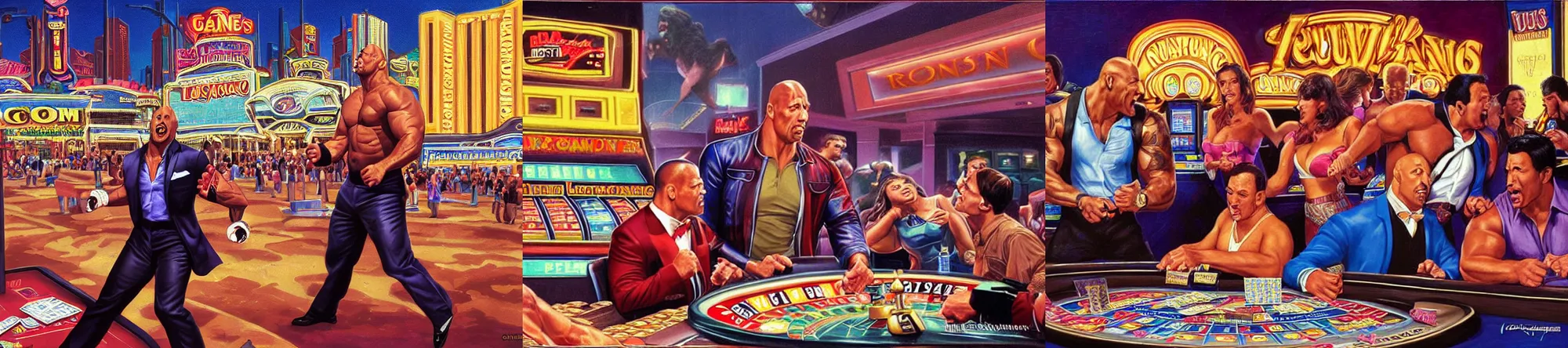 Prompt: Dwayne Johnson losing all his money in the casino and raging by punching the machines by Greg Hildebrandt