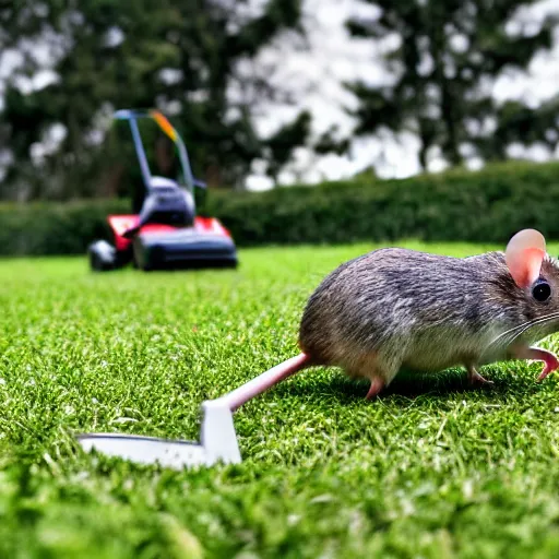 Prompt: a mouse pushing a lawnmower. Nature photography.