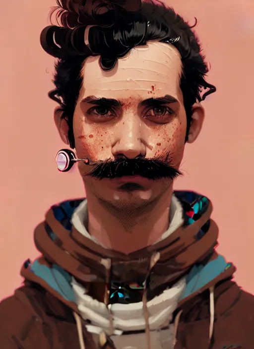 Prompt: highly detailed portrait of a sewer punk guy worker, thirties, black hair, brown eyes, small mustache, tartan hoody, short curly hair by atey ghailan, by greg rutkowski, by greg tocchini, by james gilleard, by joe fenton, by kaethe butcher, gradient pink, brown, light blue and white color scheme,