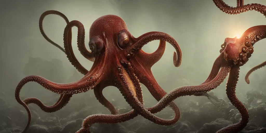 Image similar to beautiful one octopus in ocean, superwide angle, light through the mist, dramatic lighting, photorealistic, cinematic lighting, high detail, cinematic feel, high octane, 4 k, unreal engine, digital render, intricate, ultra realistic, concept art