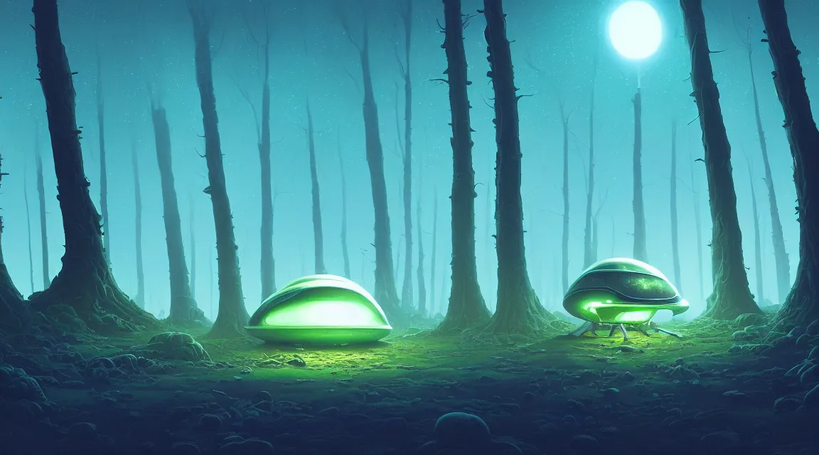 Prompt: matte painting tiny alien spaceship with linework in clearing in forest at night. forest is lit by eerie blue glow. ufo. digital painting. digital render. beeple. noah bradley. cyril roland. dan mumford. naomi okubo. trending on artstation.