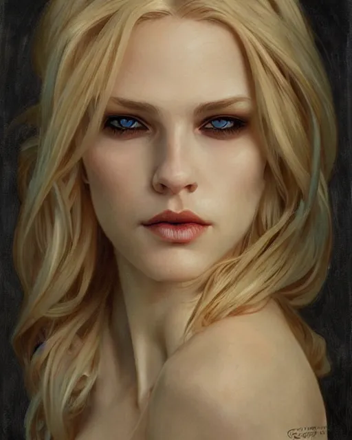 Image similar to portrait of a blonde vampire, dark, piercing eyes, gentle expression, elegant clothing, photorealistic, highly detailed, artstation, smooth, sharp focus, art by michael whelan, artgerm, greg rutkowski and alphonse mucha