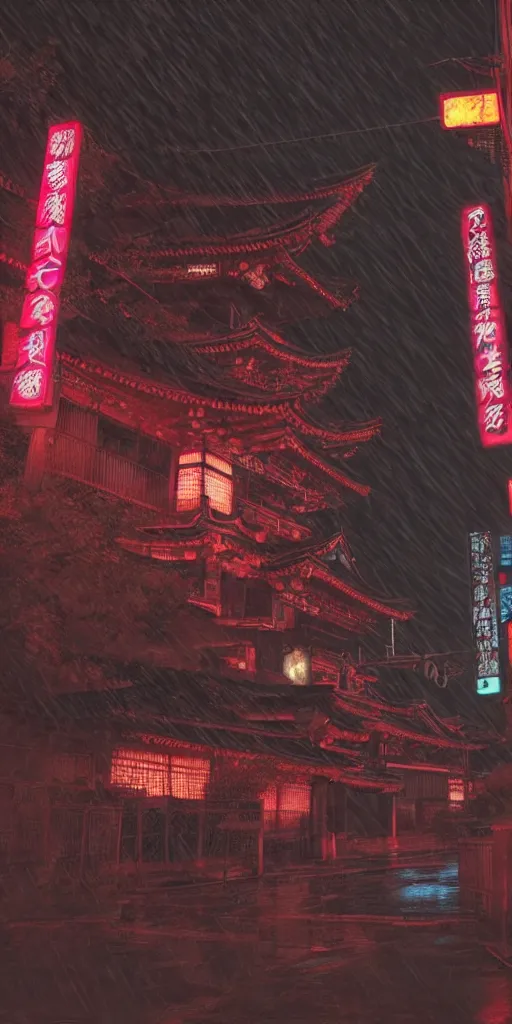 Prompt: “an ancient Japanese temple, shrouded in a cyberpunk city, during a rainy night, 4k, cinematic, pink and aqua neon lights, dark, hyperrealistic, trending of art station”