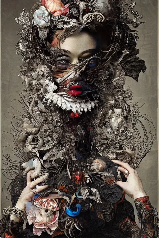 Image similar to Detailed maximalist portrait with large lips and wide white eyes, angry expression, HD 3D mixed media collage, highly detailed and intricate illustration in the style of Caravaggio and James Jean, surreal dark art, baroque