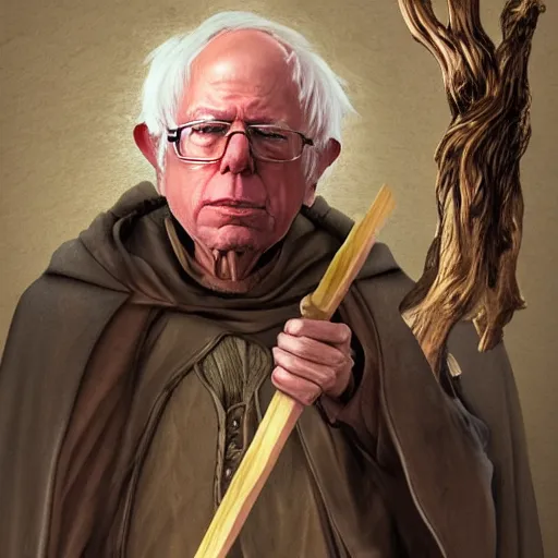 Prompt: bernie sanders as a wizard from the lord of the rings, wooden staff, artstation, epic, detailed