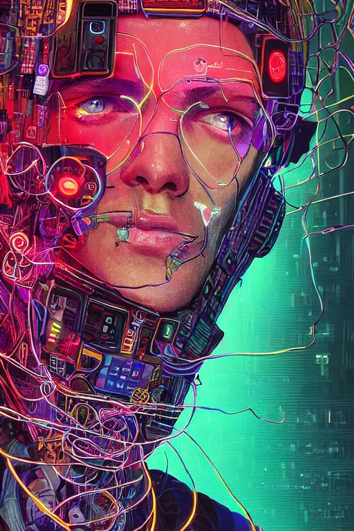Image similar to stunning highly detailed portrait of a neuromancer billy gaat with cyber headgear surrounded by wires, neon colors, oil on canvas, strong lighting, by Josan Gonzalez, HD, 4K
