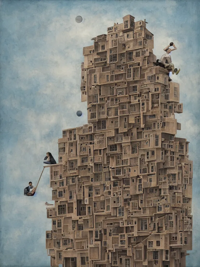 Image similar to artist cinta vidal painting on wooden canvas of a detailed 3 - dimensional building floating in the air,