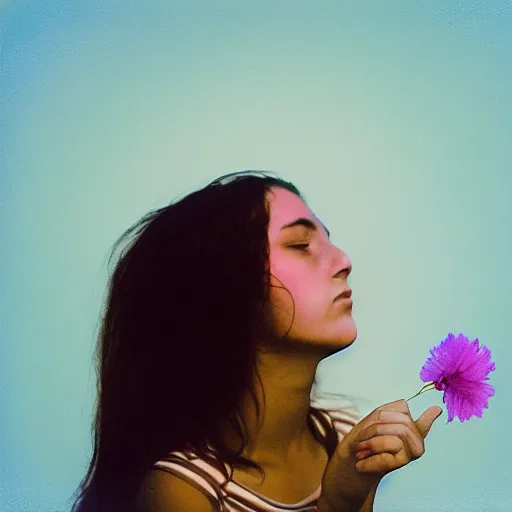 Image similar to oversaturated, burned, light leak, film, photo of a girl smelling a flower