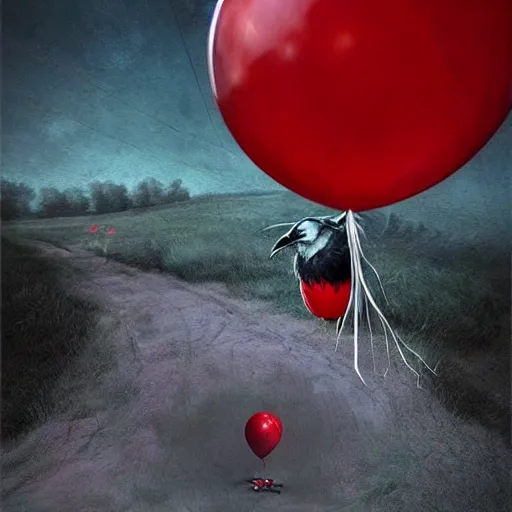 Prompt: grunge cartoon landscape painting of a raven and a red balloon by - michal karcz, loony toons style, pennywise style, horror theme, detailed, elegant, intricate