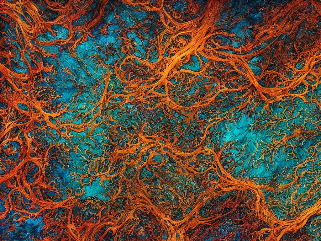 Prompt: intricate baroque organic fibrous flow texture, vivid color hues, detailed beautiful ultra darkfield microscopy structure image of neurons, photoreal ropy burl rhizomorphic hyphae, micro details, chromatic abberation, 8k, Charlie Bowater, dan mumford, hubert robert, Lee Madgwick, roger dean, jacek yerka