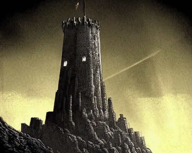 Image similar to dark tower. wall upon wall. battlement upon battlement. black. immeasurably strong. mountain of iron. gate of steel. tower of adamant. towers and battlements tall as hills founded upon a mighty mountain-throne above immeasurable pits. great courts and dungeons. eyeless prisons sheer as cliffs and gaping gates of steel and adamant