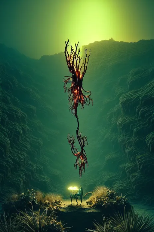 Prompt: dead god bioluminescent creature in a desert lush vegetation, warm tones, night, water reflection : : by michal karcz, daniel merriam, victo ngai and guillermo del toro : : ornate, dynamic, particulate, intricate, elegant, highly detailed, centered, artstation, smooth, sharp focus, octane render, 3 d