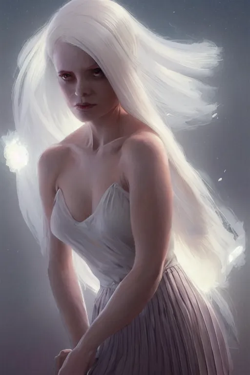 Image similar to dynamic lighting by greg rutkowski, portrait female holding crystal white hair, blush, pleated skirt, flowing hair, slim face, elegant, terry moore, barclay shaw, karol bak, greg rutkowski