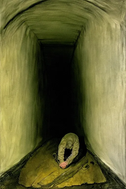 Image similar to Andrew Wyeth artwork, A man with a wooden box under his arm stands inside a dark tunnel, looking up with an expression of horror