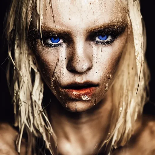 Prompt: A gorgeous blonde, grungy, unkept hair, glowing eyes, modelsociety, wet from rain, radiant skin, huge anime eyes, bright on black, dramatic, studio lighting, perfect face, intricate, Sony a7R IV, symmetric balance, polarizing filter, Photolab, Lightroom, 4K, Dolby Vision, Photography Award