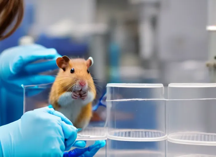 Image similar to film still of a hamster working in a research lab filling test tubes, 8 k