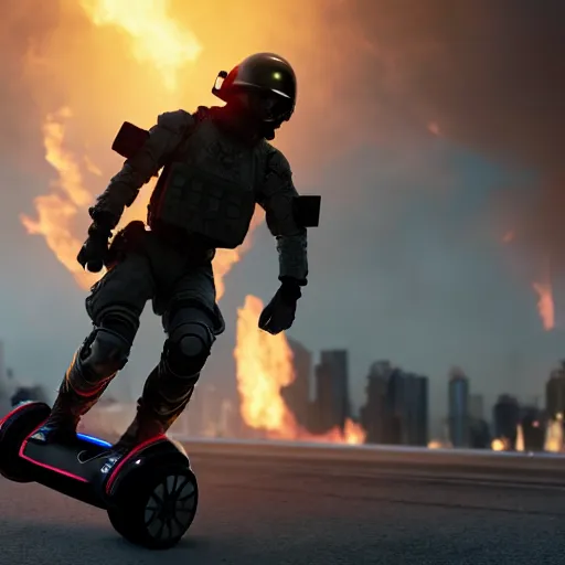 Prompt: An Armored soldier riding a hoverboard with several buildings on fire behind him, cinematic lighting, highly detailed, 8k octane render