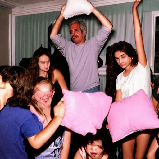 Image similar to Jeffrey Epstein having a pillow fight with teenager girls at a slumber party