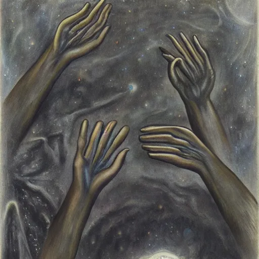 Prompt: the hands that control the nebula, surreal style of leonora carrington, uncropped