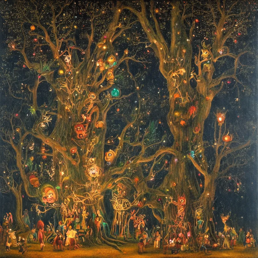 Image similar to a night carnival around a magical tree cavity, with a surreal orange moonlight and fireworks in the background, next to a lake with iridiscent water, christmas lights, folklore animals and people disguised as fantastic creatures in a magical forest by summer night, masterpiece painted by rogelio de egusquiza, dark night environment
