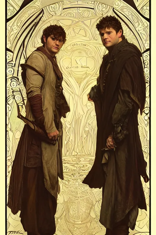 Prompt: a detailed matte portrait of jensen ackles dressed as frodo baggins and misha collins as samwise gamgee, masterpiece, 8 k, art by alphonse mucha and greg rutkowski